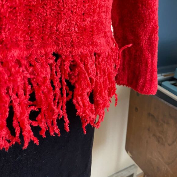 Vintage 90s Nick & Sarah L Red Turtleneck Super Soft Sweater Stringy Fringe Hem - Picture 2 of 10